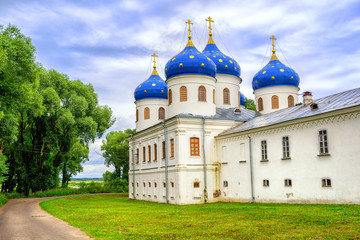 Fototapeta na wymiar Blue domes of Yuriev Monastery, Novgorod, Russia