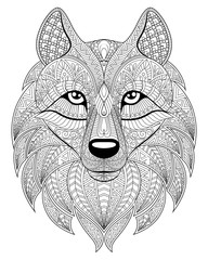 Fototapeta premium Wolf head in zentangle style. Adult antistress coloring page. Black and white hand drawn doodle for coloring book. Ethnic pattern, ornament.