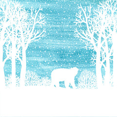 Christmas and Happy New Year texture for greeting card. Hand drawn blue watercolor winter holidays landscape background with trees, snowflakes, bear, falling snow.