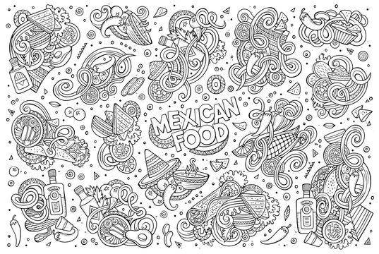 Doodle cartoon set of Mexican Food objects
