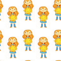 Bright seamless pattern with cute redheaded girl with freckles in blue dress holding yellow sun