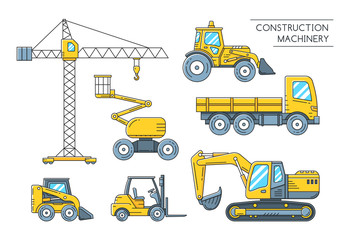 Heavy construction machinery transport outline icons