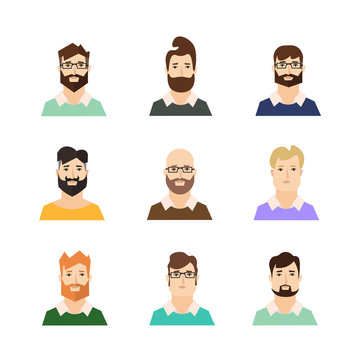 Man Avatars Hypsters with Various Hair Style and Beard. Vector