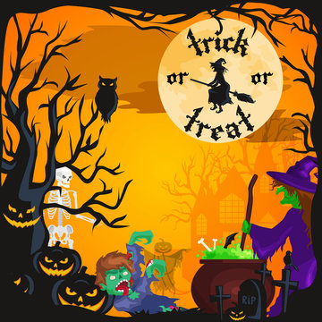 Halloween background. Horror forest with woods, spooky tree, pumpkins and cemetery.