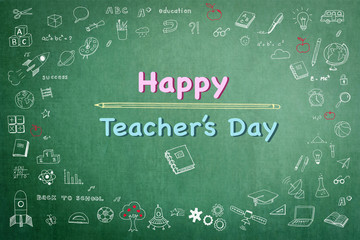 Happy teacher's day concept with smiley face icon on green chalkboard and doodle freehand sketch chalk drawing: Students sending greeting message to school teachers/ academia on special occasion