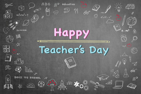 Happy teacher's day concept with smiley face icon on black chalkboard and doodle freehand sketch chalk drawing: Students sending greeting message to school teachers/ academia on special occasion