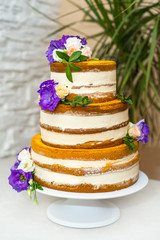 Wedding cake in rustic style on a white plate. Naked cake, decorated with flowers
