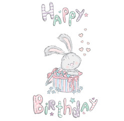 Cute hare in the box. Birthday gift. Vector illustration for a card or poster. Print on clothes.