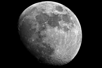 Moon in growing phase (waxing gibbous). Taken by telescope. Awesome details, it was cared by me in processing mode.