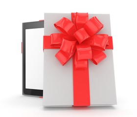 Tablet in white gift box with red bow and ribbons on white. 3D rendering.