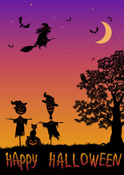 Halloween Landscape with Inscription, Black Silhouettes Witch on a Broom and Bats in Sky, Oak Tree with Owl, Pumpkin Jack-O-Lantern, Scarecrows and Cat. Vector