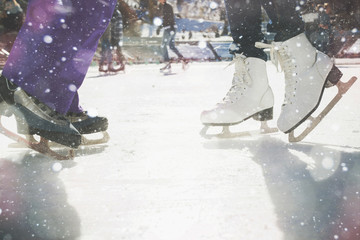Closeup skating shoes ice skating outdoor at ice rink