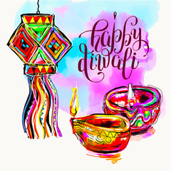 Happy Diwali watercolor greeting card to indian fire festival wi - obrazy, fototapety, plakaty