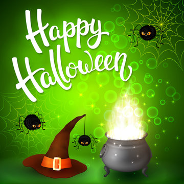 Halloween greeting card with witch cauldron, hat, angry spiders, net and brush lettering on green background with bubbles. Decoration for poster, banner, flyer design. Vector illustration.