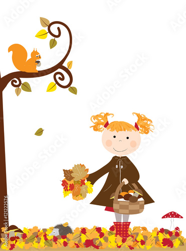 Dziewczynka Z Koszykiem Z Grzybami Jesienne Liscie I Drzewo
