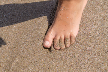 Children's feet on the sea beach
