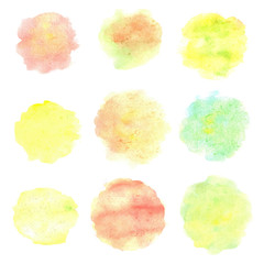 Watercolor circles isolated on white background. Colorful hand painted banners set. Autumn tints. Vector illustration.