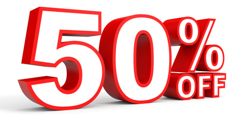 Discount 50 percent off. 3D illustration on white background.