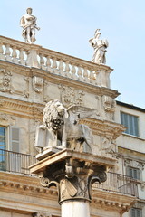 The statue of the Lion in the square called "piazza Erbe, Verona, Italy