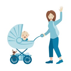 Mother with a pram. Woman waving and smiling. The baby dog and shopping in carriage.