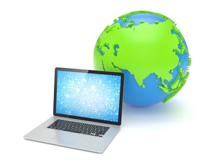 Laptop network and earth globe. 3d render