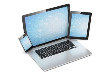 laptop, tablet, phone, on white. 3d rendering.