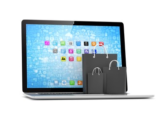 laptop and  shopping pags on white background. 3d rendering.