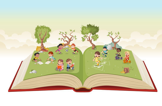 Open book with cute cartoon kids playing on green park. Sports and recreation. 
