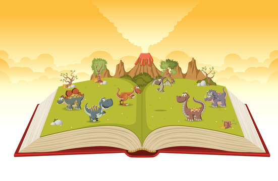 Open book with volcano and funny cartoon dinosaurs. Prehistoric nature landscape. 
