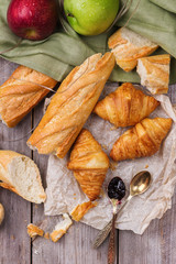 French baguette bread with butter and jam for breakfast