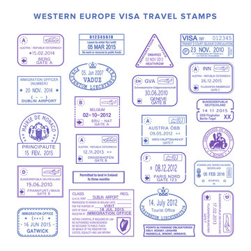 Vector Western Europe Common Travel Visa Stamps Set