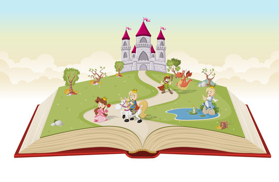 Open book with cartoon princesses and princes in front of a castle.
