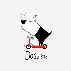 Dog and Bird riding a scooter