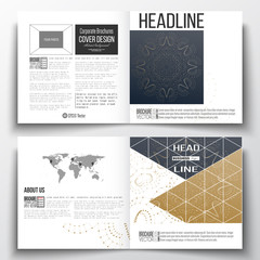 Set of square design brochure template. Abstract polygonal low poly backdrop with connecting dots and lines, golden background, connection structure. Digital or science vector