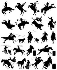 Cowboy and cowgirl rodeo vector silhouettes collection - obrazy, fototapety, plakaty