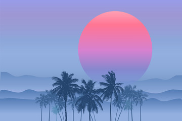 Fototapeta na wymiar Tropical sunrise with pink gradient sun and silhouette of palm trees and mountains in the background of blue sky