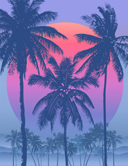Tropical sunrise with pink gradient sun and silhouette of palm trees and mountains in the background of blue sky
