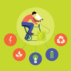 Renewable energy vector illustration. Man on bicycle with dynamo generates power for your smartphone with eco icons. Charging station. Clean energy. Eco generation. Alternative technologies