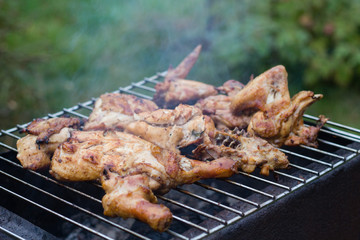 BBQ meat on grill in garden
