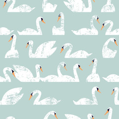 Cotton fabric Seamless pattern flock of swans swim.