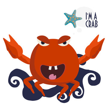 Happy Crab. Vector illustration of red crab with a starfish and blue sea water on background. Cute and funny marine character ready for design games, t-shirt, advertising.