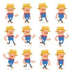 Set of Funny and Cheerful Character Farmer goes and runs poses