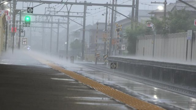 ゲリラ豪雨の駅のホーム・嵯峨野線 並河駅