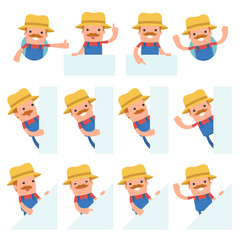 Set of Funny and Cheerful Character Farmer holds and interacts w