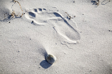 footprint on a beach with stone