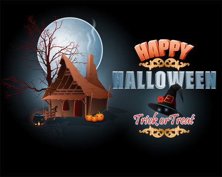 Holiday, background with stylized 3d text and the witch's hovel, in moonlight and a ghost wearing witch's hat, for Halloween, holiday