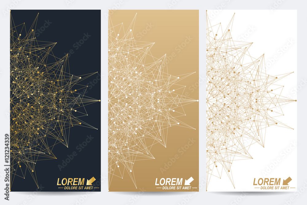 Poster modern set of vector flyers. geometric abstract presentation with golden mandala. molecule and commu