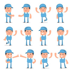 Set of Funny and Cheerful Character Repairman welcomes poses
