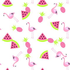 Tropic summer seamless white pattern with watermelon, flamingo and pineapples. Pink and green fun pattern.