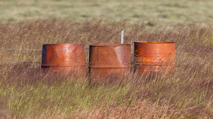 Old steel drums in a field